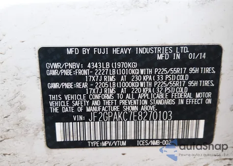 2014 Subaru Xv Crosstrek 2.0I Limited z USA, uszkodzony, nr VIN JF2GPAKC7E8270103